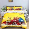 Set di biancheria da letto con stampa del logo del cioccolato M&M alla moda, set di biancheria da letto squisito, set copripiumino, set di piumoni, set di biancheria da letto, regalo per bambini