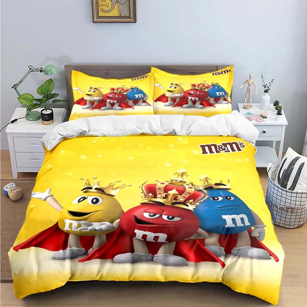 Set di biancheria da letto con stampa del logo del cioccolato M&M alla moda, set di biancheria da letto squisito, set copripiumino, set di piumoni, set di biancheria da letto, regalo per bambini