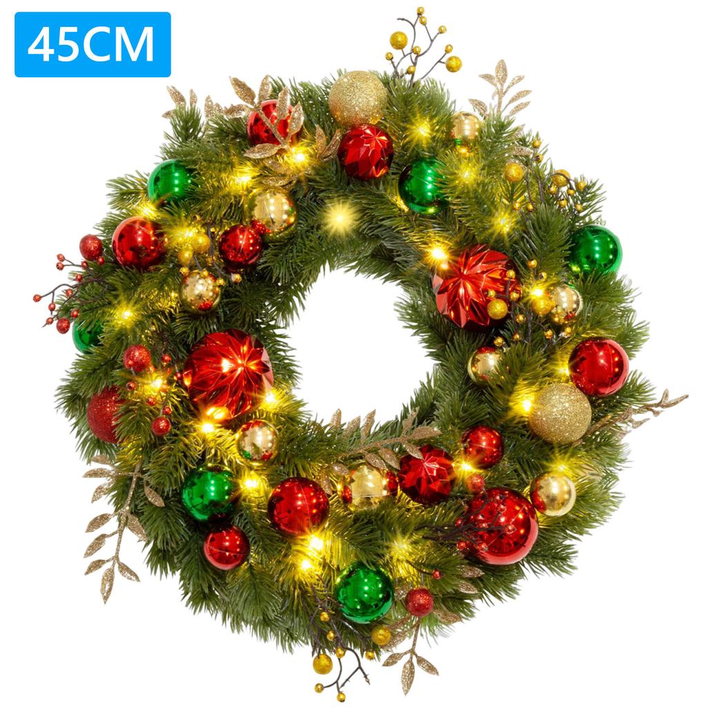 LED Lighted Christmas Door Wreath 8 Modes Hanging Decor Garland Timer Pine Decorations Wreath for Front Door Wall Windows Mantle