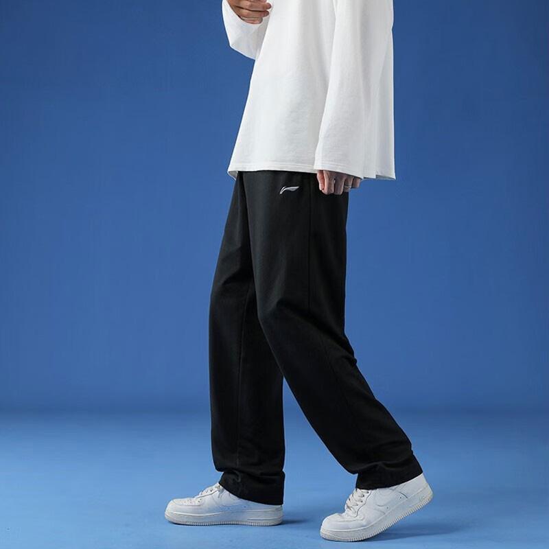 Li Ning Logo Print Solid Color Fleece Straight Leg Knitted Sports Pants Men bottoms Black YKLT415-1