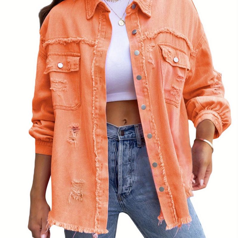 European-American Style Red Ripped Denim Long-Sleeve Jacket (2026)