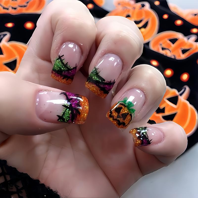 24Pcs Halloween Press on Nails Short Square Black Purple With Ghost BOO Designs Glitter Acrylic Full Cover Glossy Artificial Purple Glitter Stick on