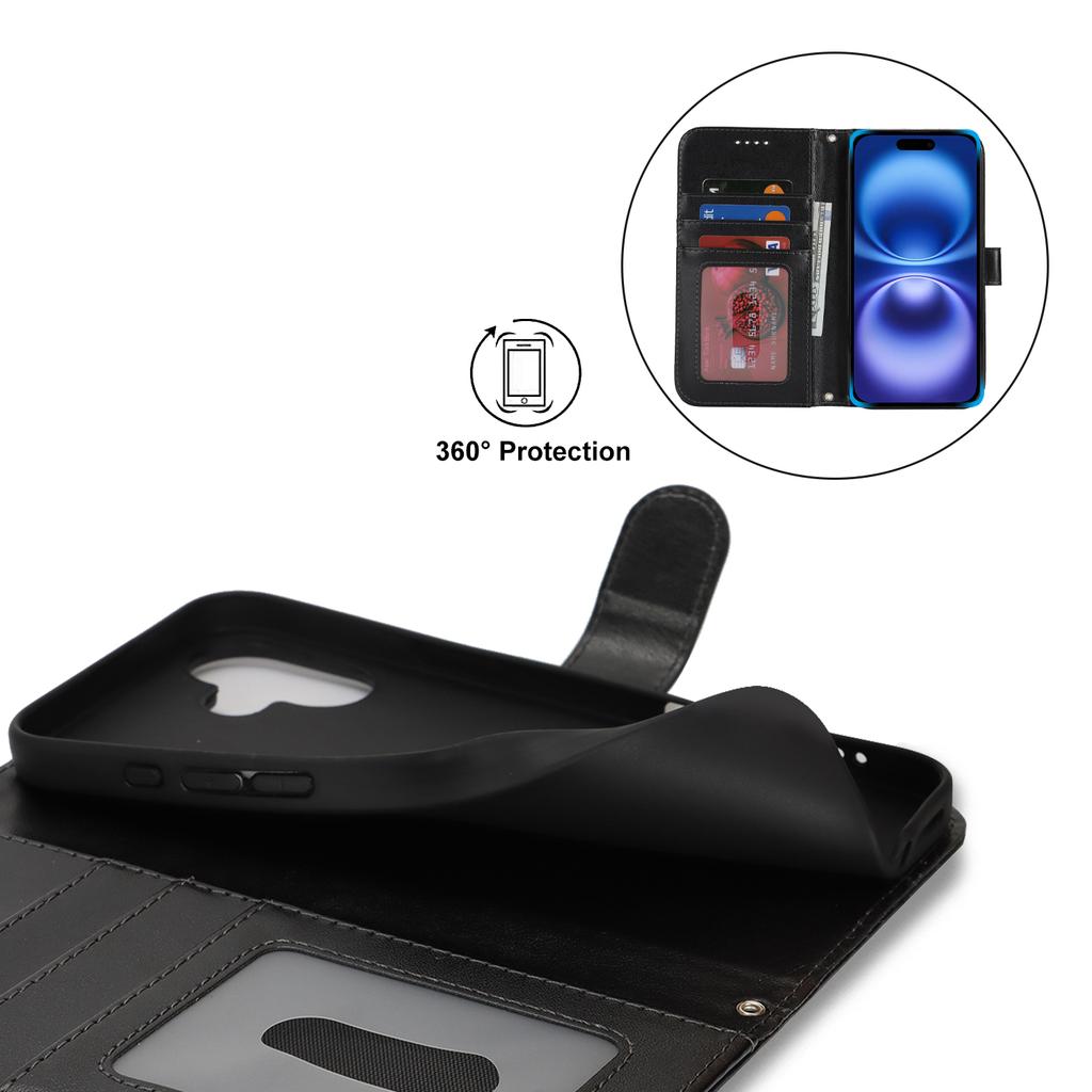 For iPhone 16 Stand Case Textured Leather Wallet Phone Cover with Strap