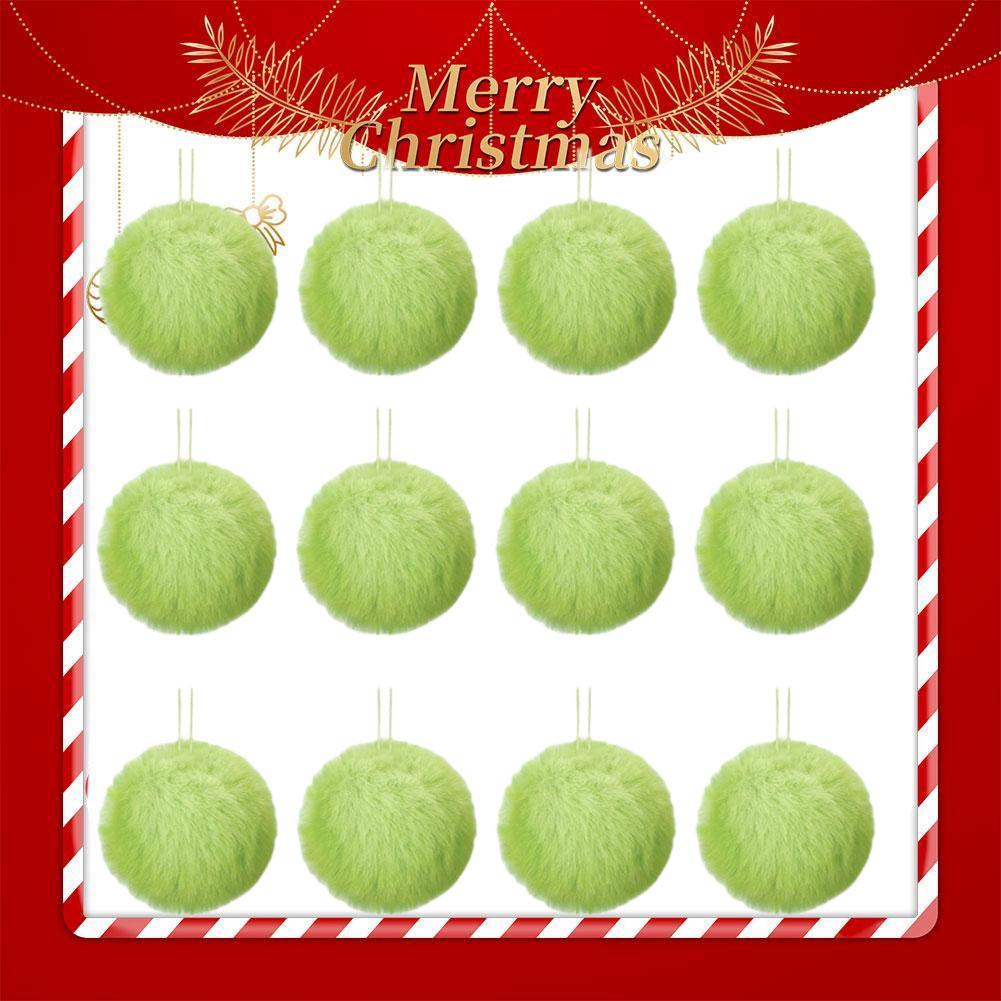 12PCS Plush Christmas Ball Decoration Lime Green Furry Christmas Ball Ornaments Furry Elf Ornaments Christmas Hanging Decor