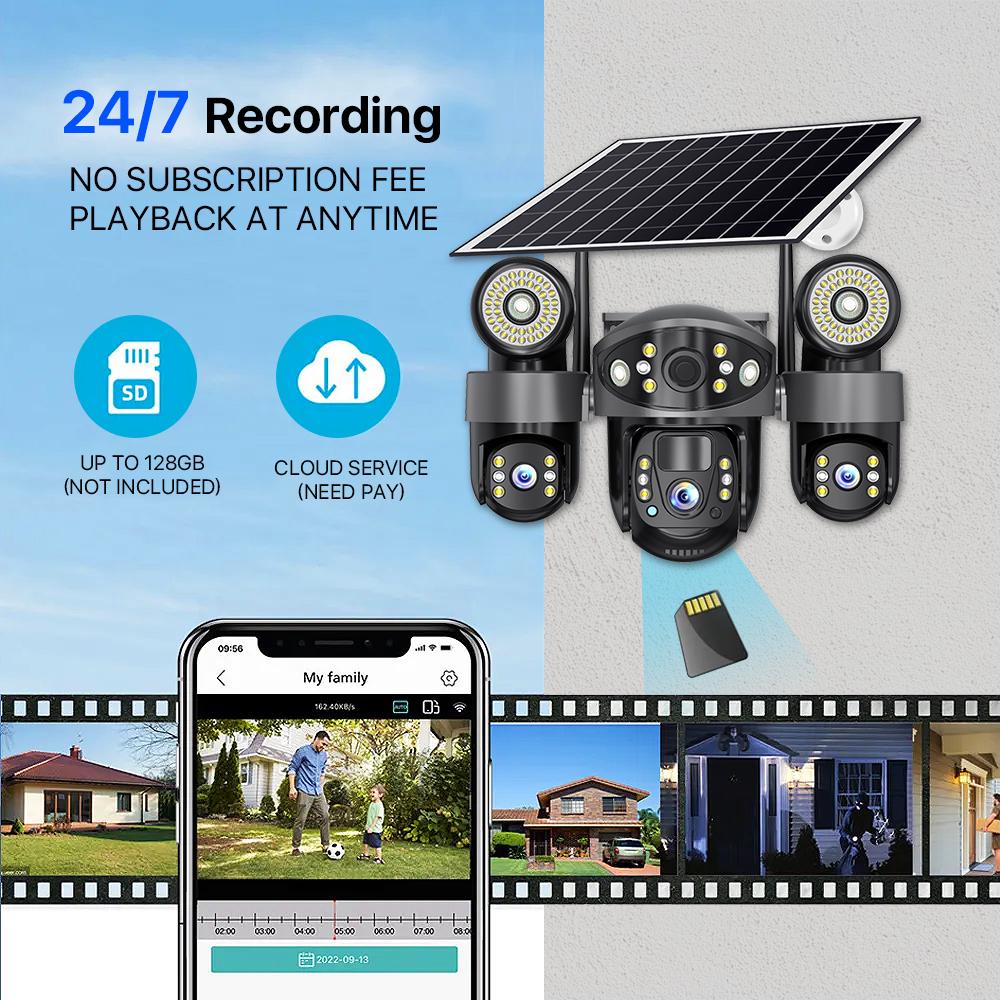 Kamera CCTV 2 w 1 zasilana energią słoneczną, potrójny obiektyw ze światłem LED do widzenia w nocy, bezprzewodowa kamera IP sieci WIFI/4G.