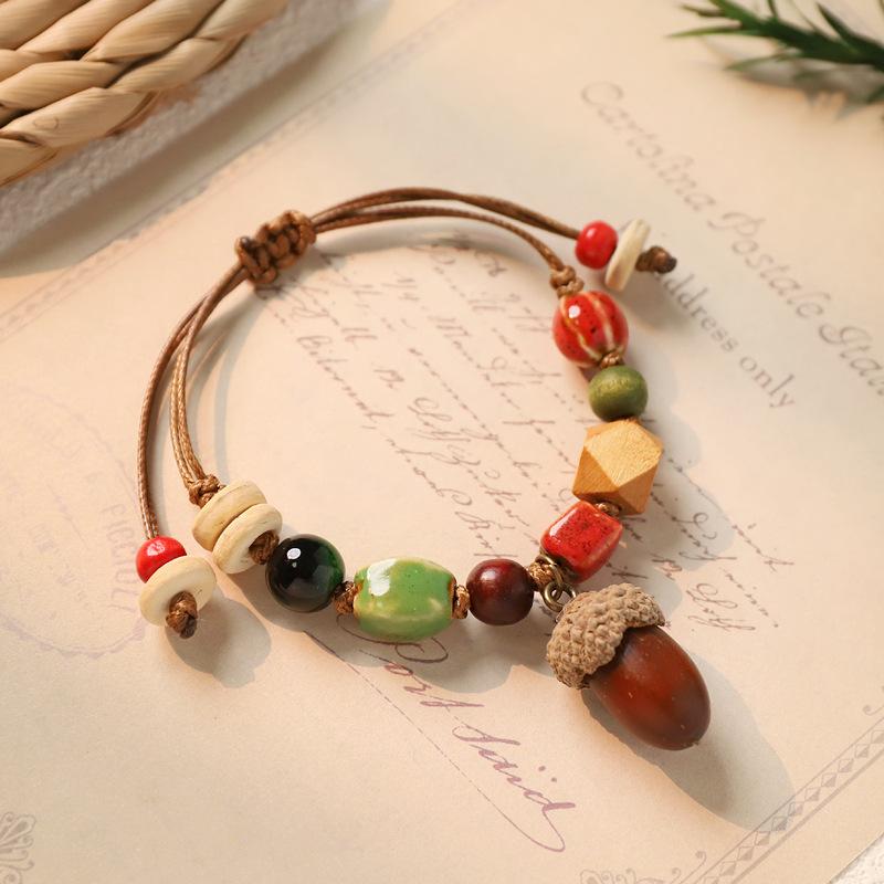 Retro natural plant fruit pendant bracelet, hand-woven oak nut bracelet, ethnic style pendant bracelet
