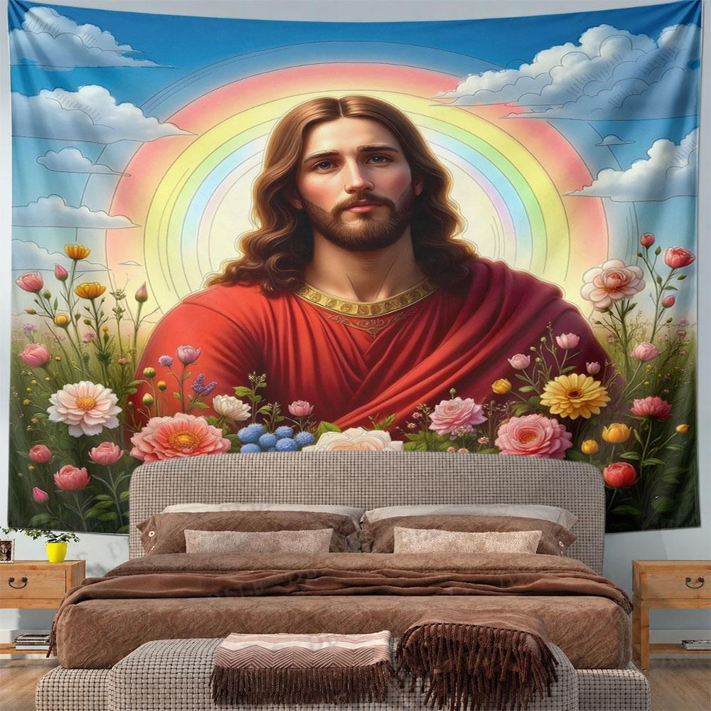 "Serene Figure Amid Flowers and Rainbow" Pattern Wall Hanging Tapestry Decorative Tapestry Home Decor for Bedroom and Living Room