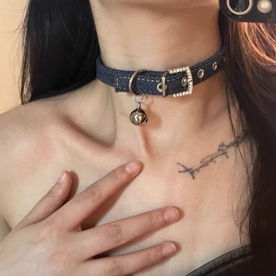 Girl Pure Desire Denim Fabric Bell Neck Ring Y2K Spice Girl Choker Collar Niche Design Versatile Necklace
