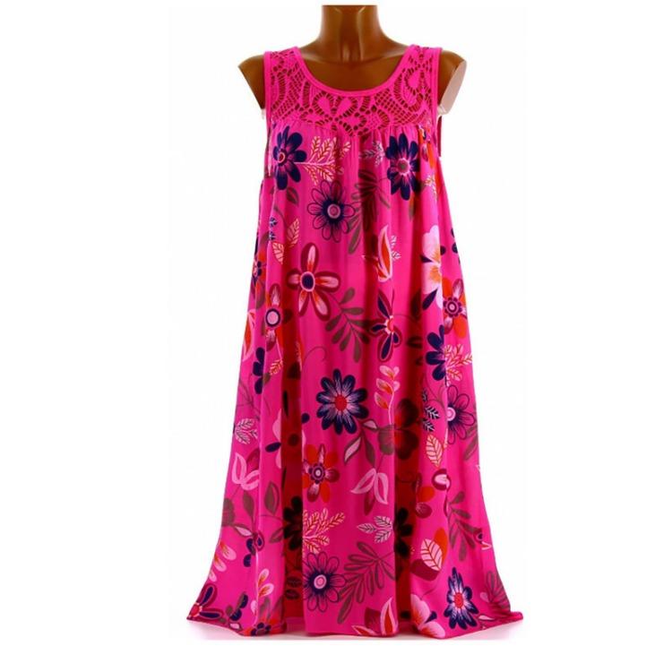 Fashion Women Lace Print Pleated Swing Dress Casual Sleeveless Vest Tank Top