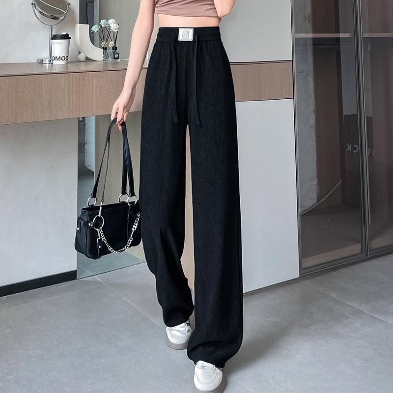 Pleated High Waist Fleece-Lined Wide Leg Pants for Women - Autumn Winter Slimming Plus Size Casual Wear