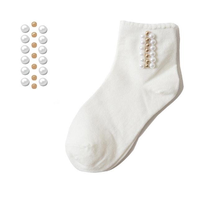 Black/White Korean Reto Pearl Socks Women Elastic Cotton Handmade Meias Creative Socks Harajuku Calcetines Mujer