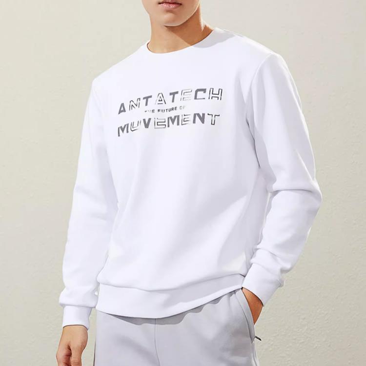 Anta Solid Color Printed Logo Crew Neck Pullover Fleece-Lined Sweatshirt Men Tops White 152247702-1