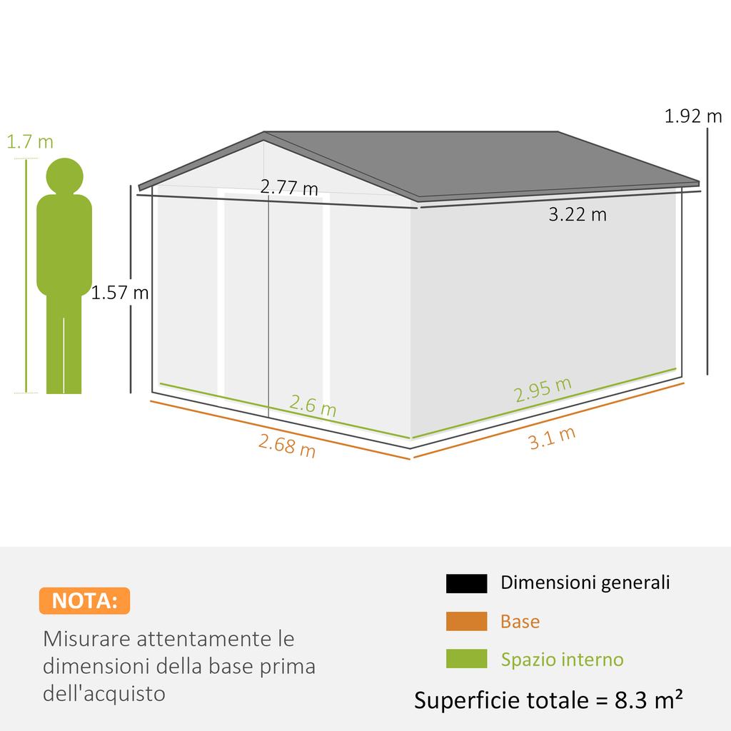 Depósito de Jardim com 2 Portas de Correr e 4 Ventilações em Aço, 322x277x192 cm, Castanho