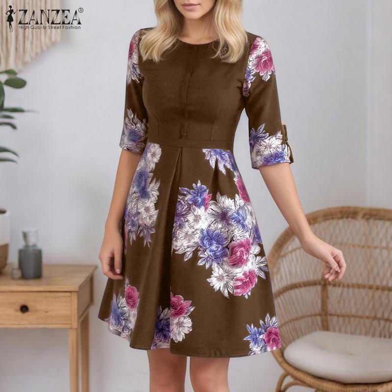 ZANZEA Women Floral Print Casual Round Neck Short Sleeve Dress