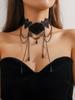 Vintage Black Lace Rose Necklace Bracelet Ring Set Women's Dinner Party, Dark Wind Neck Chain Bracelet