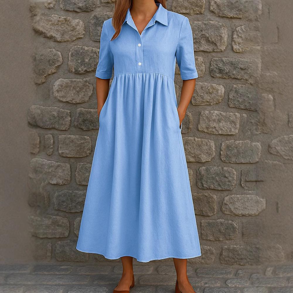 Women's Casual Button-Down Shirt Dress with Pockets, Loose Fit, Pleated Hem, Short Sleeve