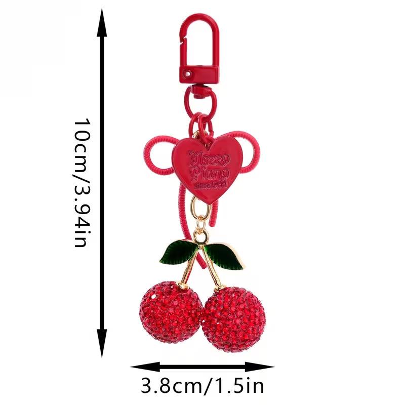 Big Size Red Rhinestone Cherry Keychain, Sparkling Red Cherry Pendant With Green Leaves, Red Heart & Bow Charms