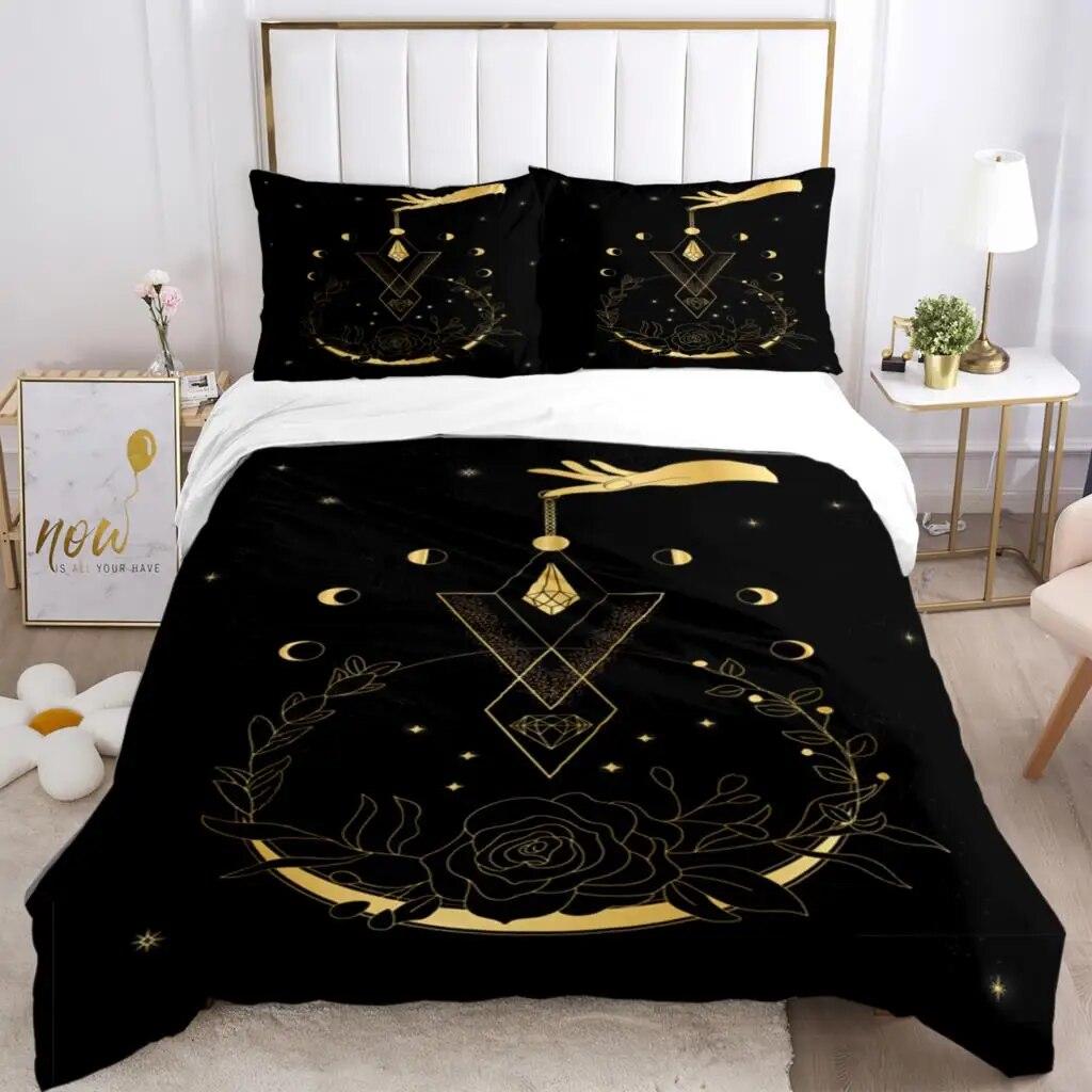 Magic Astrology Esoteric Gold Print Three Piece Set Fashion Bedding Article Children Or Adults For Beds Quilt Covers Pillowcases
