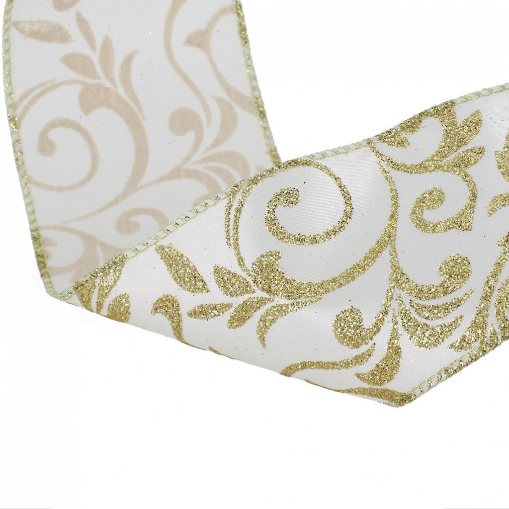 Glitter Wired Ribbon, Organza Sheer Ribbon with Gold Glitter Swirl Pattern