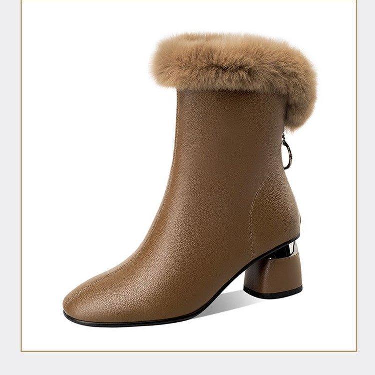 Short boots women's pointed thick heel cotton boots winter velvet versatile low tube fur leather boots rear zipper