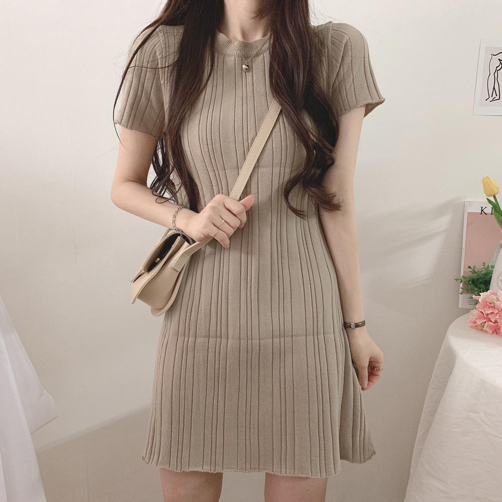 Korean Chic Ribbed Ice Silk Slim Fit Bodycon Knit Dress - Women's Short Sleeve, Round Neck