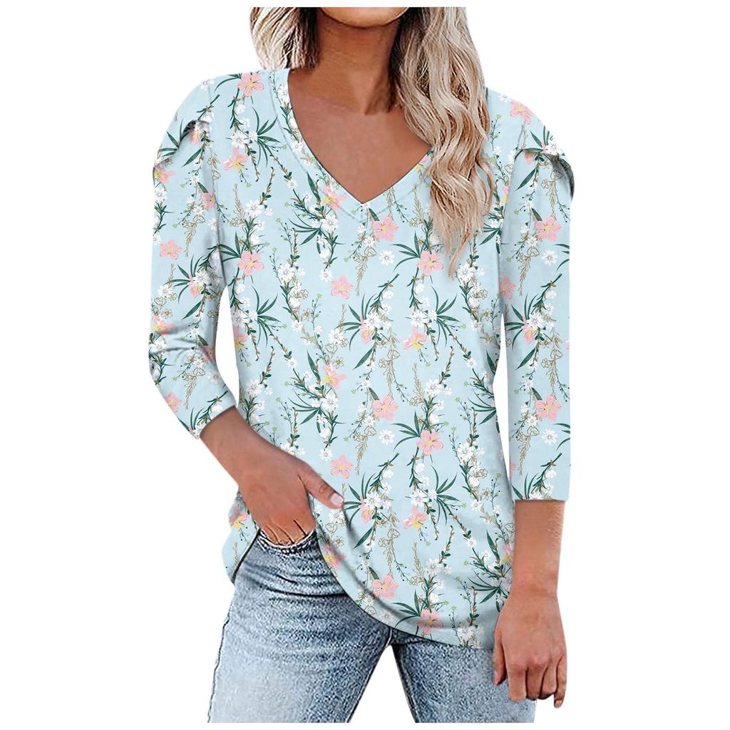 3/4 Petal Sleeve Shirts For Women Print Graphic Tees Blouses Uniform Overalls Pullover