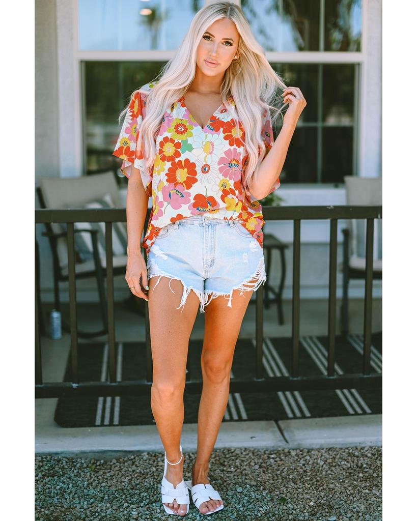 Azura Exchange Abstract Print V Neck Half Sleeve Blouse