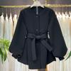 Black Round Neck Woolen Coat for Petite Women - Winter Style with Lantern Sleeves and Fitted Waist