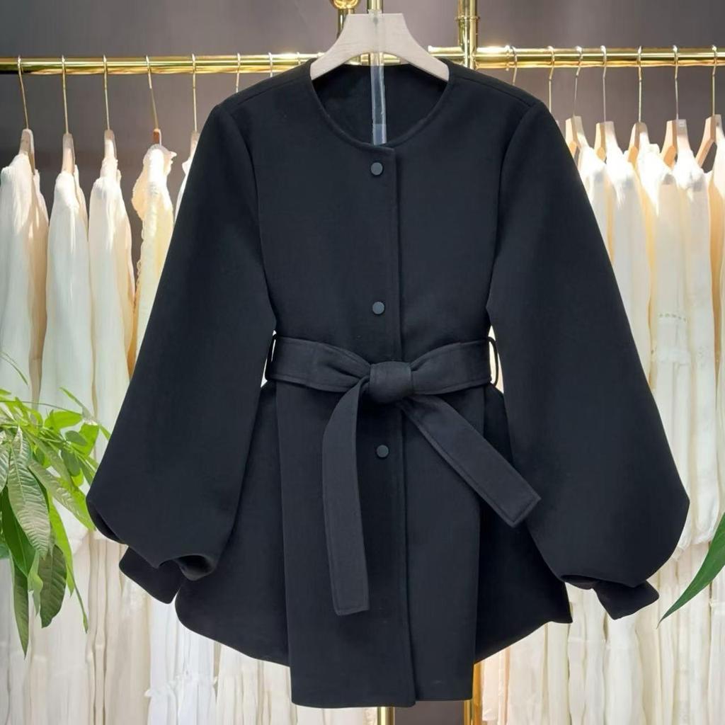 Black Round Neck Woolen Coat for Petite Women - Winter Style with Lantern Sleeves and Fitted Waist