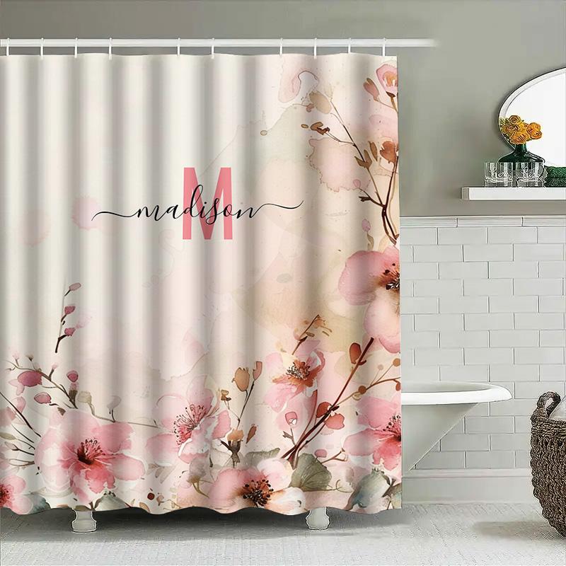 Vintage Pink Blossom Bath Curtain Watercolor Style Bathroom Decor For Girls