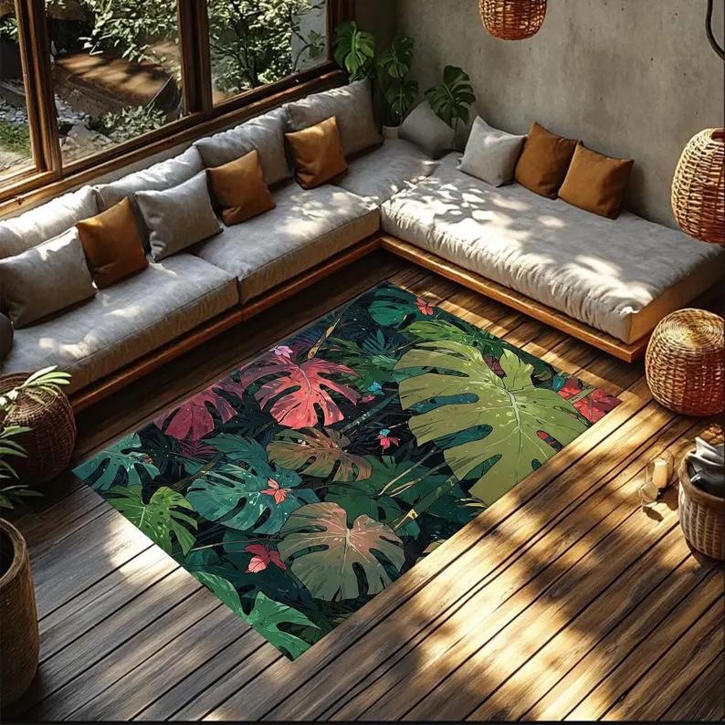 

Tropical Rainforest Large Leaf Carpet Green Palm Banana Leaf Print Rug for Living Room Bedroom Hallway Kitchen Decoration 40x60cm