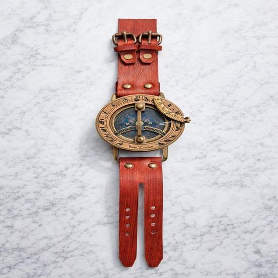 

Brass Sundial Compass Handmade Leather Steampunk Watch Wedding Anniversary Christmas Birthday Fathers Day Gift