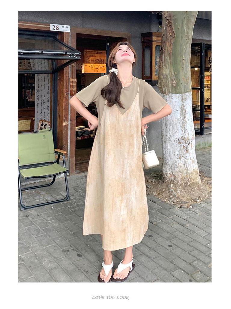 Summer 2025 Women's Gradient Suspender T-Shirt Dress - Age-Reducing, Fake Two-Piece, Medium-Length