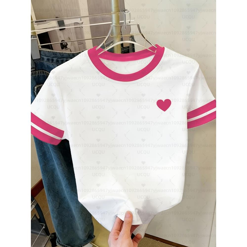 Summer Women Short Sleeve T-Shirt Girl Round Neck Tee Outdoor Sports Adult Valentines Day Red Heart Print T-Shirt Tops
