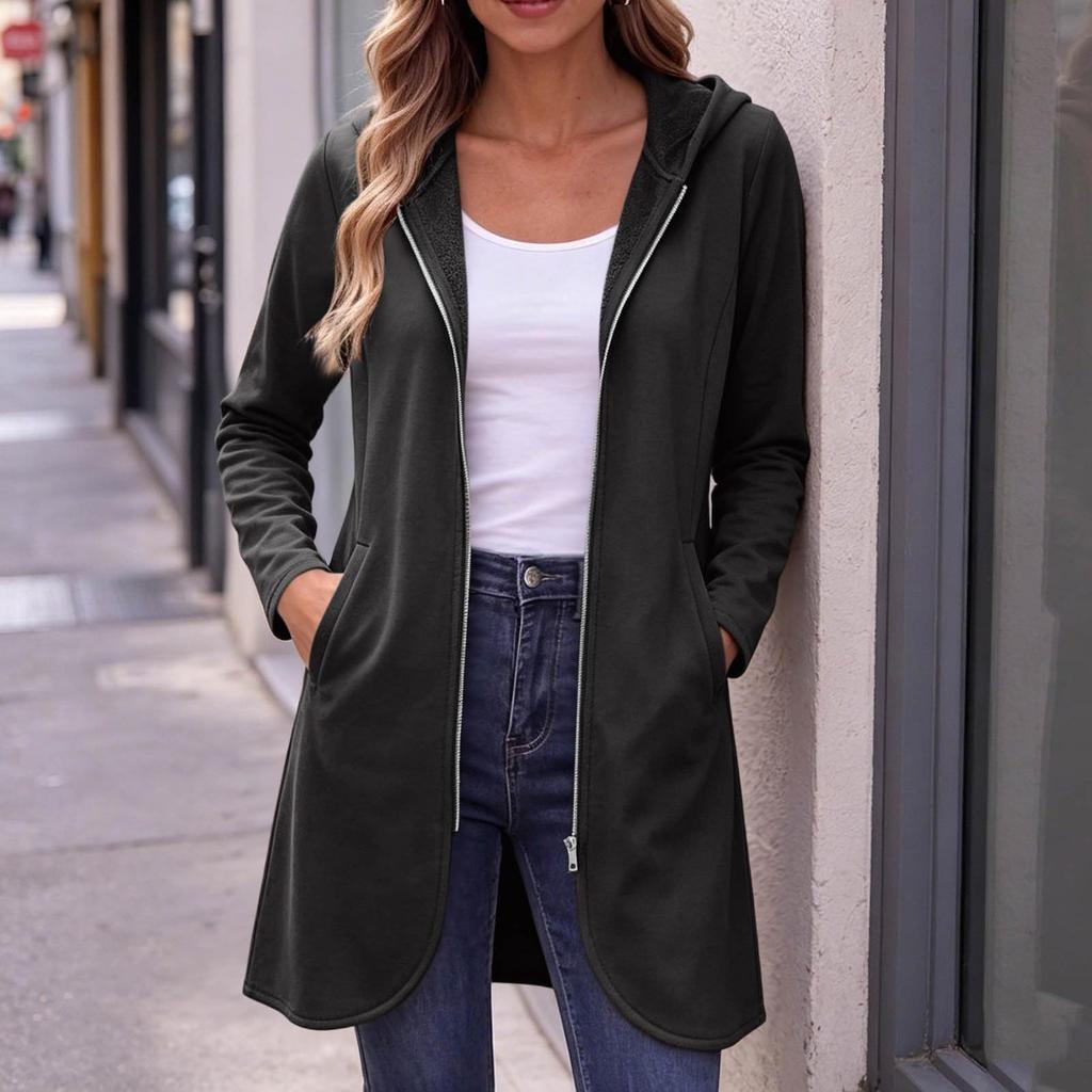 Manteau long à capuche zippé décontracté pour femme avec poches pour un usage quotidien