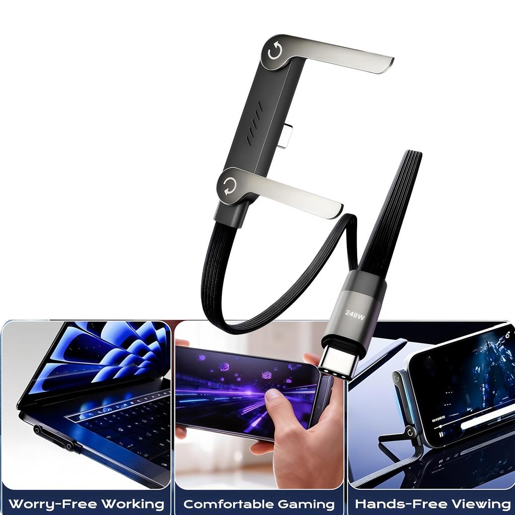 Suporte dobrável para telemóvel com cabo de dados de 1,5 m e 240 W, ajuste multiângulo, carregamento contínuo, suporte para telemóvel, cabo USB PD