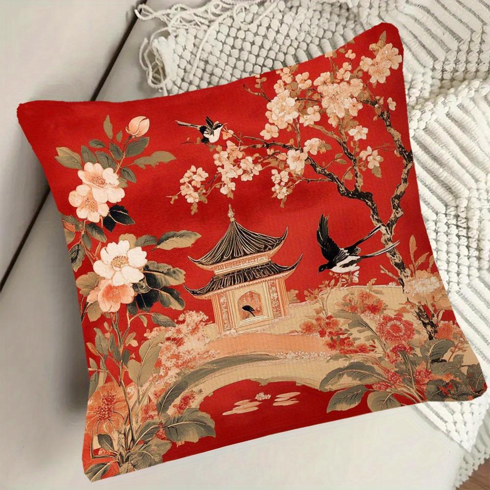 Panika Chen Unisex Red 1Pc Chinoiserie Magpie Pillow Cover, Polyester 2D Double-Sided Print, Traditional Chinese Garden & Flower Art, Oriental Home
