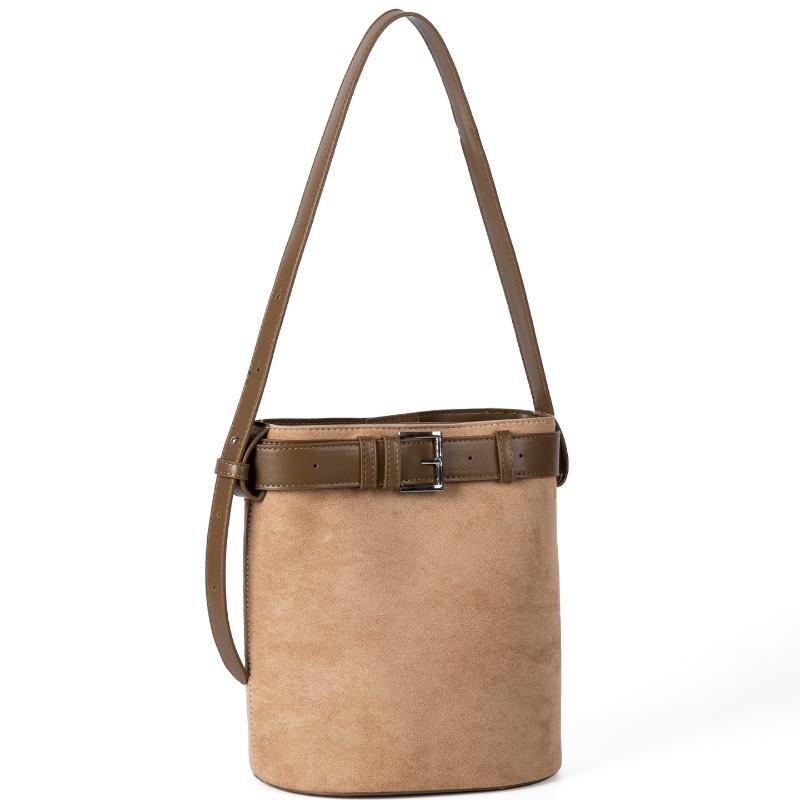 

2025 Autumn Suede Spliced Underarm Bag for Women Fashion Belt Deco Barrel Shaped Handbags Female Versatile Bucket Bag Purse бежевый