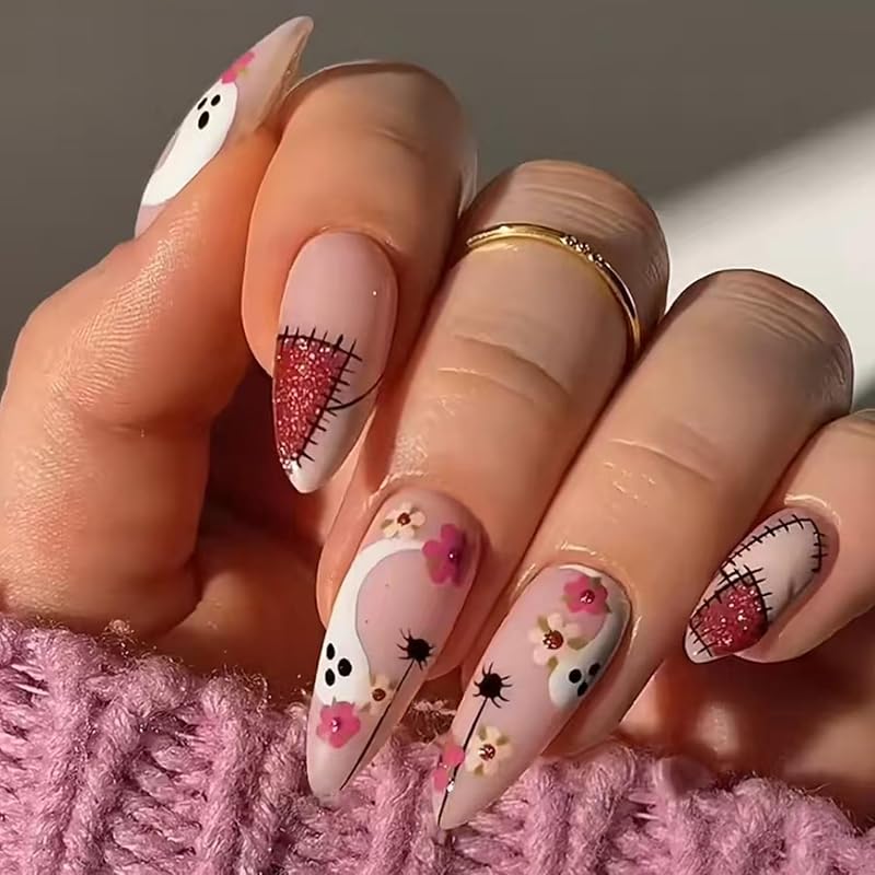 Short Almond Press on Nails Halloween Fake Nails Gothic Bat Acrylic Nail Cute Ghost False Nail with Purple Glitter Design Goth Halloween Nails Press Gothic Spider-21