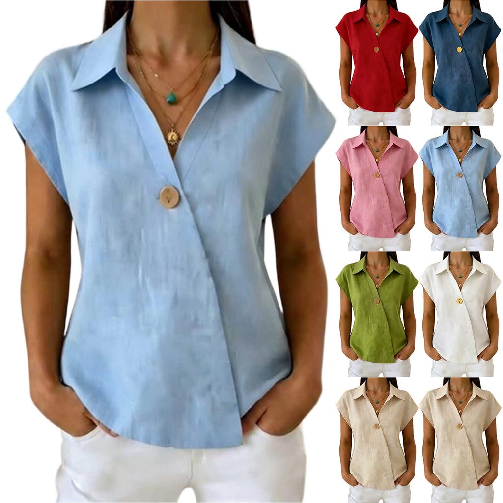 Women V Neck Button Down Shirt Short Sleeve Casual Blouse Lightweight Relaxed Fit Summer Top