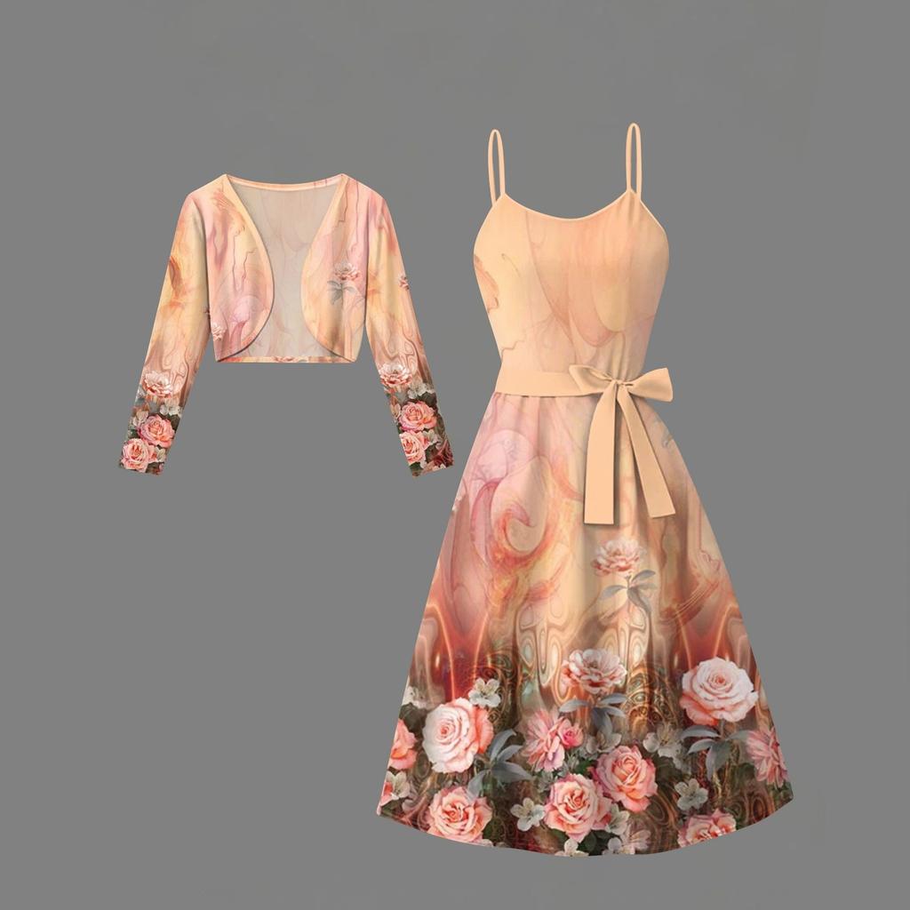 Women's  Fashionable And Casual Long-sleeved Short Cardigan Top + Belt + Strappy Dress Set