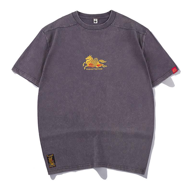 Cross-border Year of the Horse National Tide Embroidered Round Neck Short Sleeve Trendy Heavyweight Loose Fit Chinese Style Men's Spring-Summer Tee