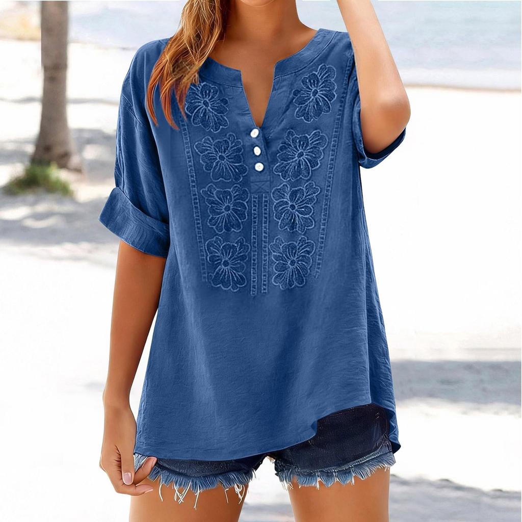 Women's Fashionable Casual Loose-Fit Embroidered Button-Up V-Neck T-Shirt Top