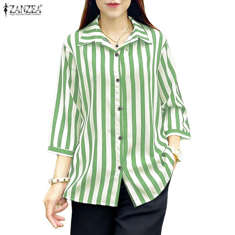 ZANZEA Women Casual Turn Down Collar 3/4 Sleeve Loose Stripe Blouse