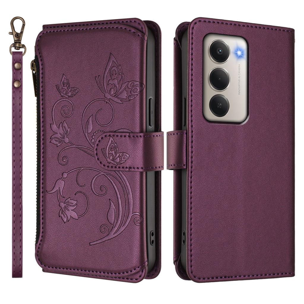 Pro Xiaomi Redmi 15 4G (EU) (171 mm) Kožené pouzdro Motýlí květinový potisk Peněženka na zip Stojánek Kryt s poutkem na zápěstí