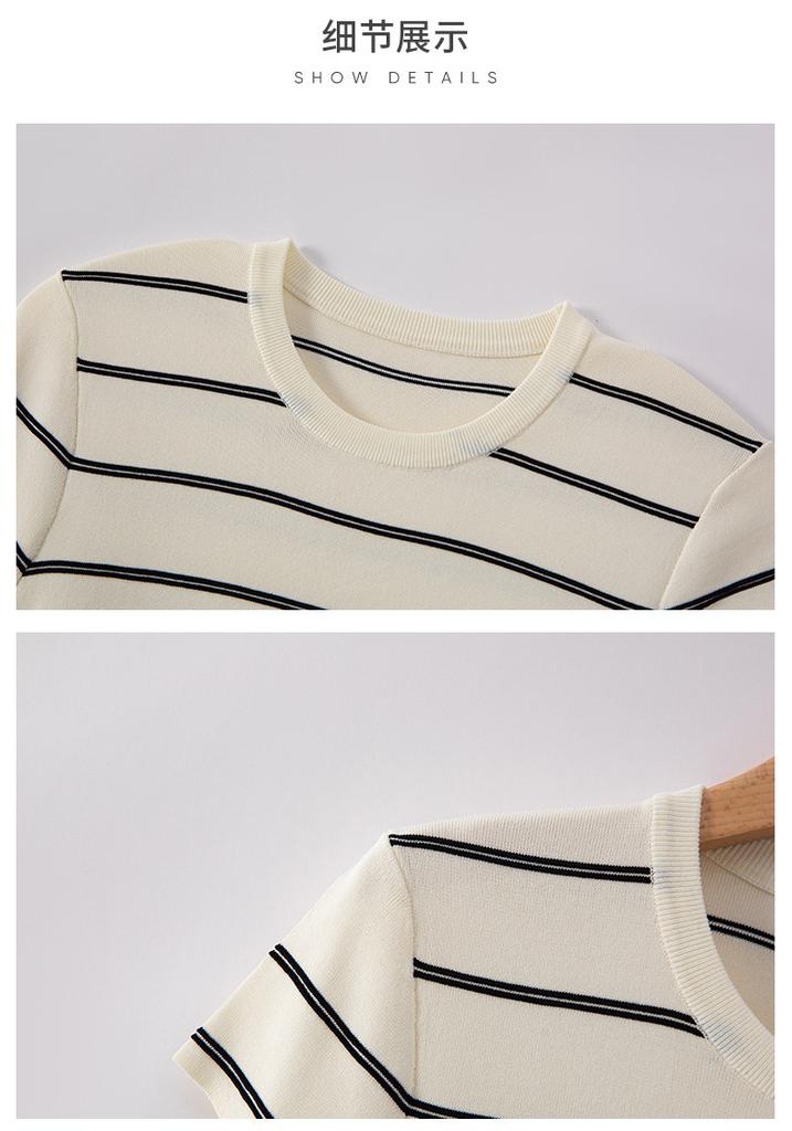 2026 Summer New Women's Striped Knitted Shirt Casual Soft Skin friendly Knitted T-shirt Short sleeved T-shirt
