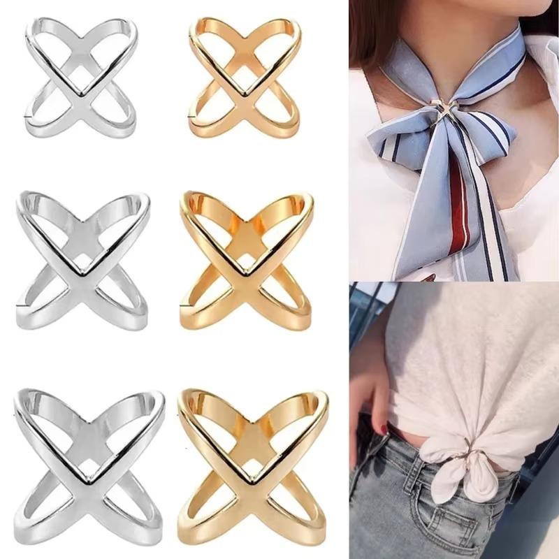 Fashion Cross Scarf Clip X Shape Metal Brooches for Women Hollow Bow Scarves Buckle Holder Shawls Jewelry Clothing Accessories