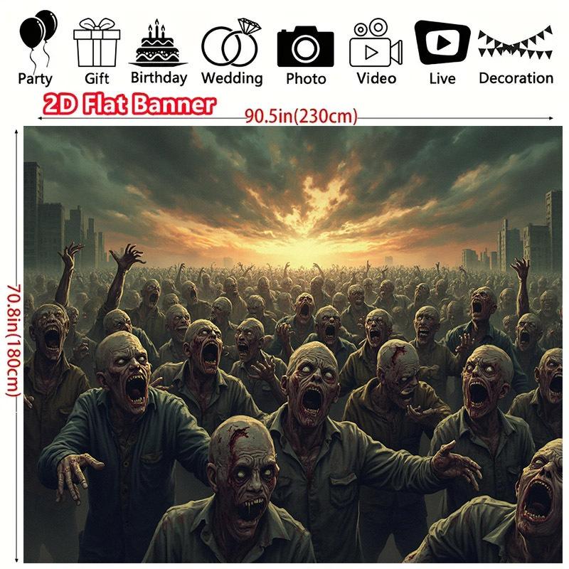 One 2D flat banner, with a zombie-themed background, suitable for Halloween celebration events
