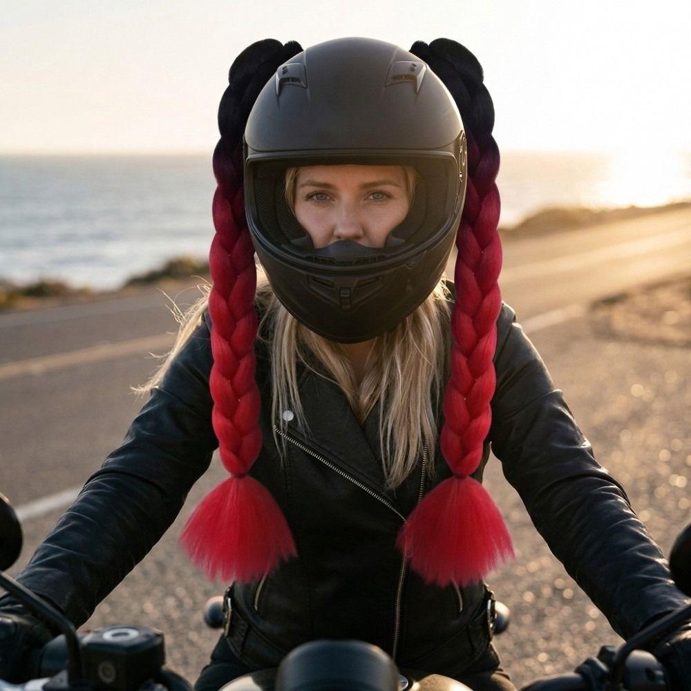 2pcs/pair Helmets Decor Woman Braids Wig With Sucker Twist Dual Pigtail Ponytail for Motor Bike