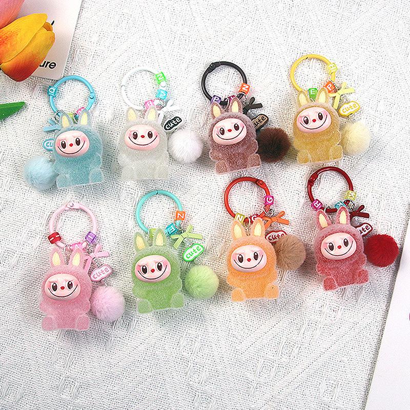 1Pc Backpack Keyring Mini Flocking Labubu Keychain Sitting Party Labubu Have A Seat Series Lovers Mobile Phone Chain Bag Pendant